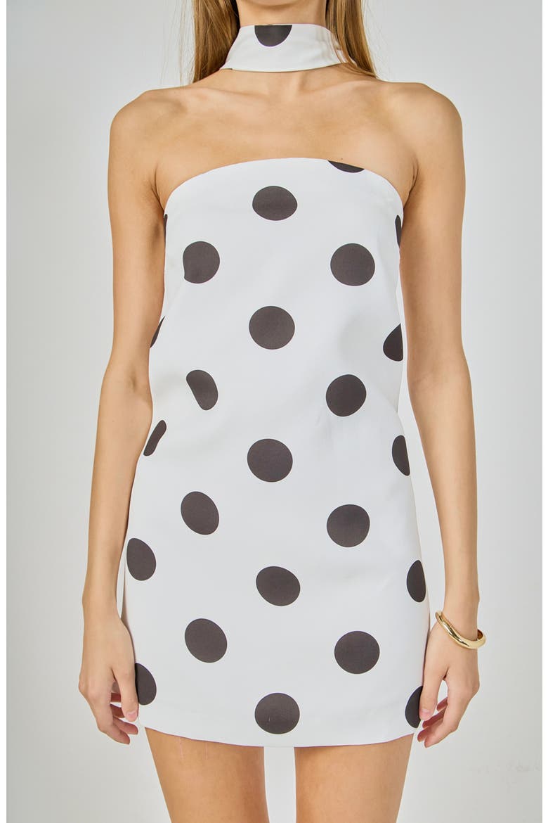 Polka Dot Choker Tie Minidress, Alternate, color, WHITE/ BLACK