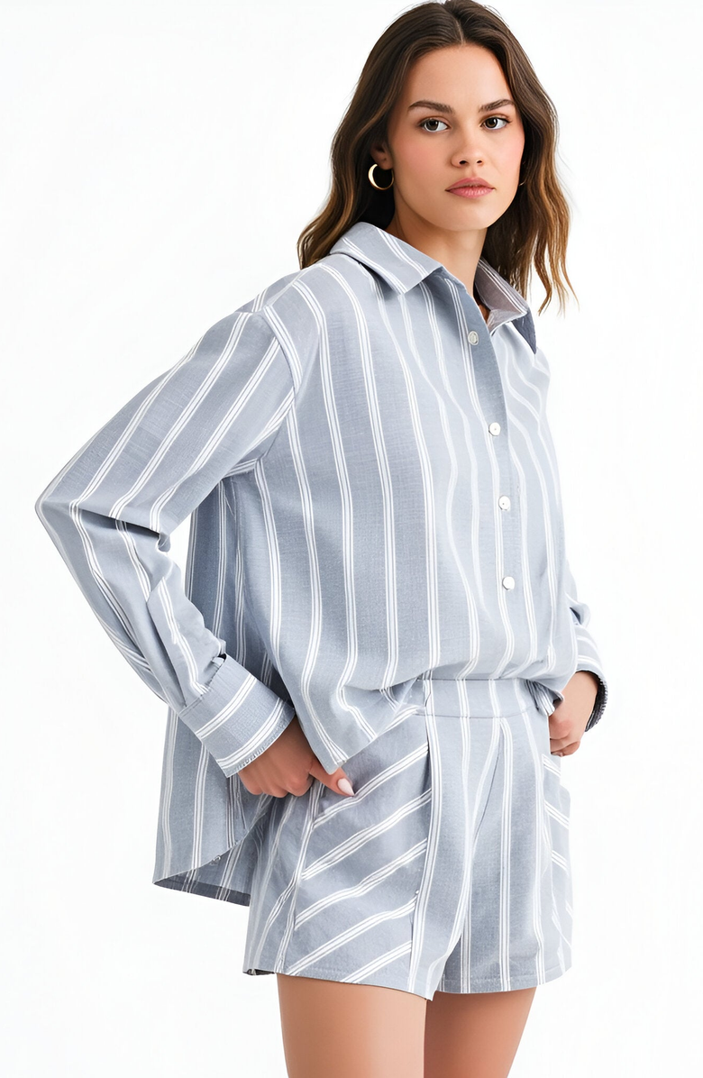 Modenaire Striped Button-Up Shirt and High-Waist Shorts Set with Relaxed Fit, Alternate, color, 