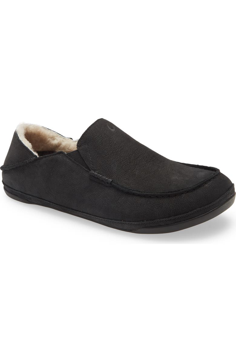 OluKai Kipuka Hulu Convertible Genuine Shearling Lined Slipper, Main, color, Black Leather