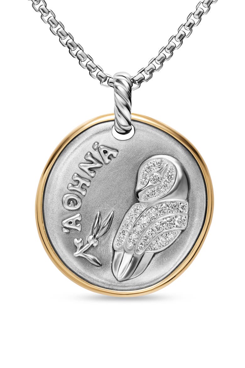 Medallion Amulet Sterling Silver with 14K Yellow Gold and Diamonds, 29.5mm, Alternate, color, SILVER PAVE ATHENA