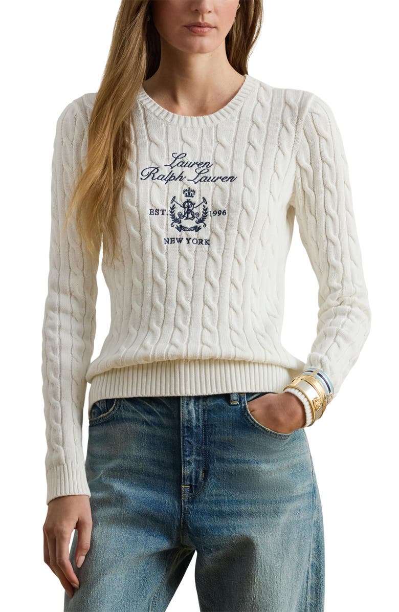 Lauren Ralph Lauren Cable Knit Embroidered Sweater, Main, color, White