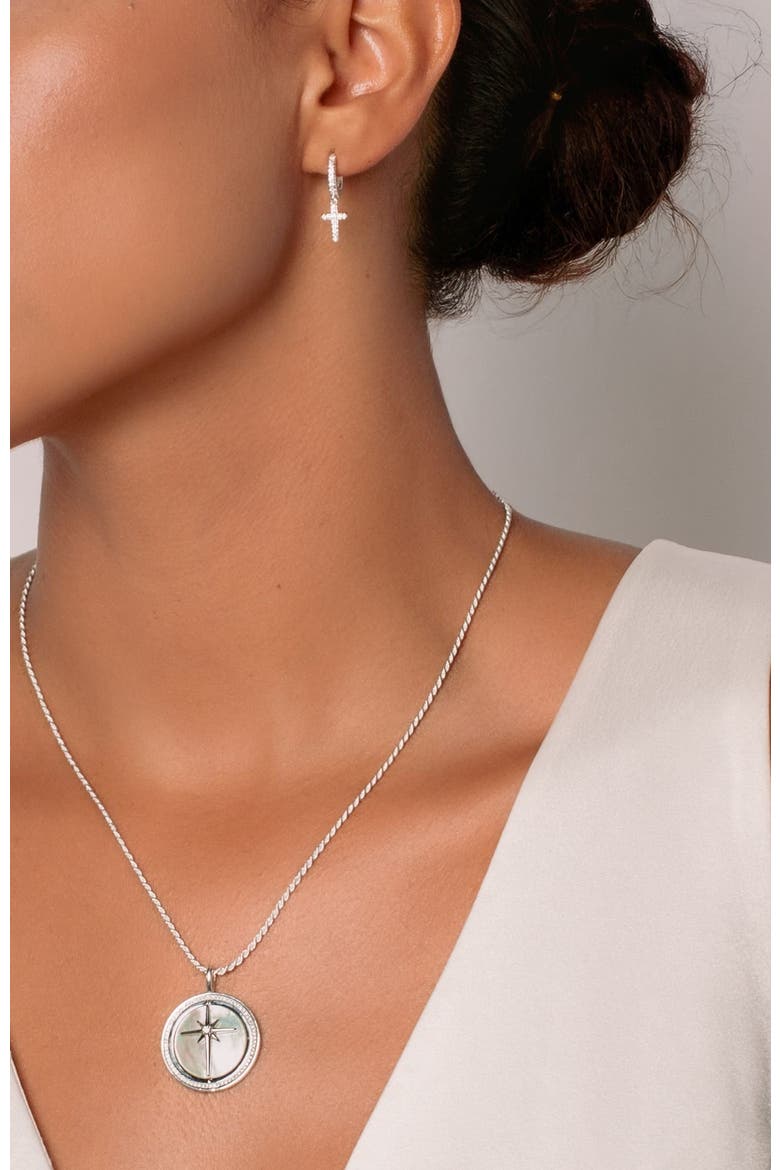 Luminous Pavé Cross Huggie Hoop Earrings, Alternate, color, Sterling Silver