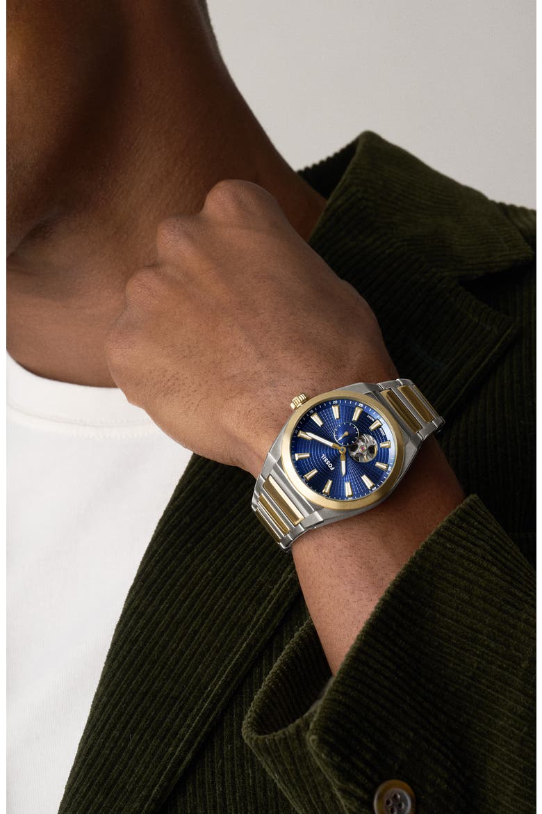 Everett Automatic Bracelet Watch, 42mm, Alternate, color, TWO TONE/ BLUE