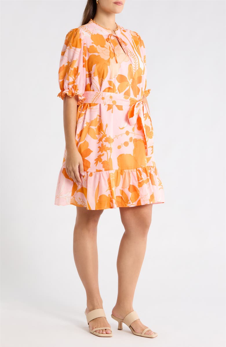 SUGARLIPS Lenira Floral Negin Split Neck Minidress, Alternate, color, Pink-Orange