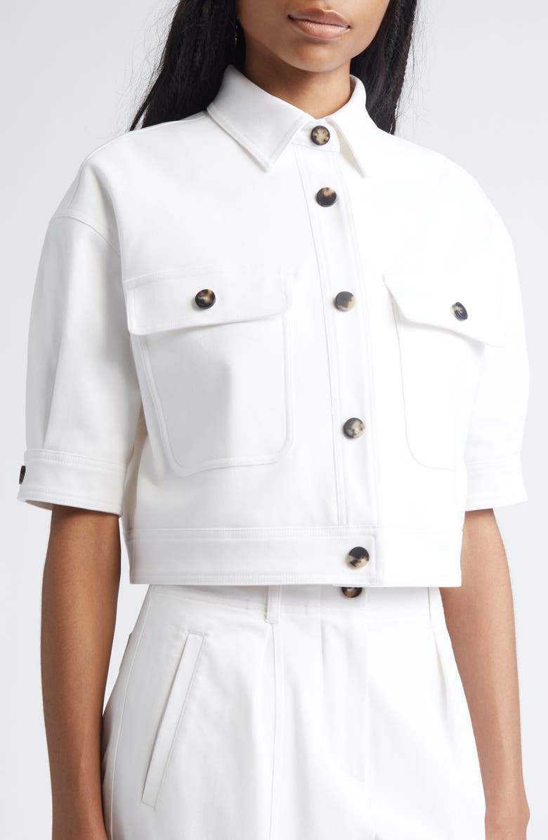 Max Mara Ottano Crop Short Sleeve Cotton Stretch Twill Jacket, Alternate, color, Optical White