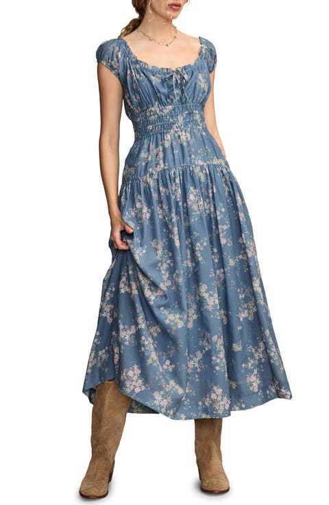 Floral Smock Waist Cotton Blend Midi Dress