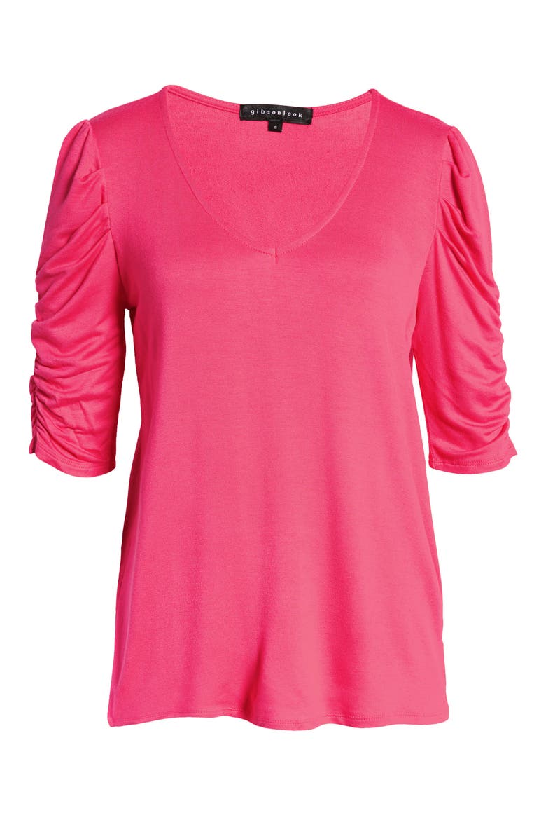 Ruched Sleeve Top, Alternate, color, BRIGHT PINK