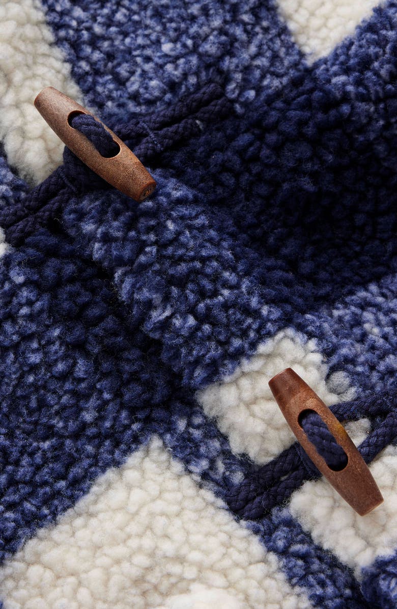 Boden Kids' Check Fleece Hooded Duffle Coat, Alternate, color, Navy Gingham