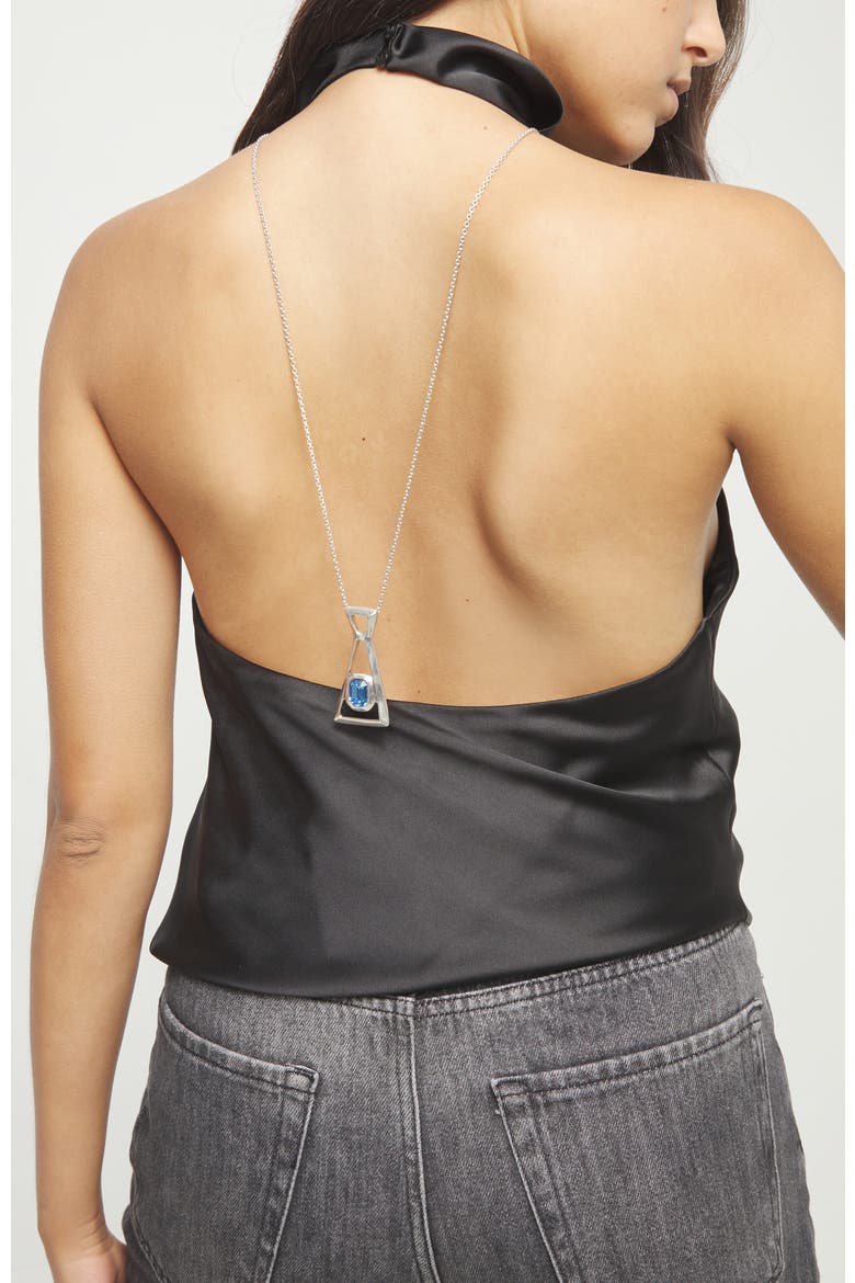 Silver-Tone Geometric Necklace with Blue Crystal, Alternate, color, Silver