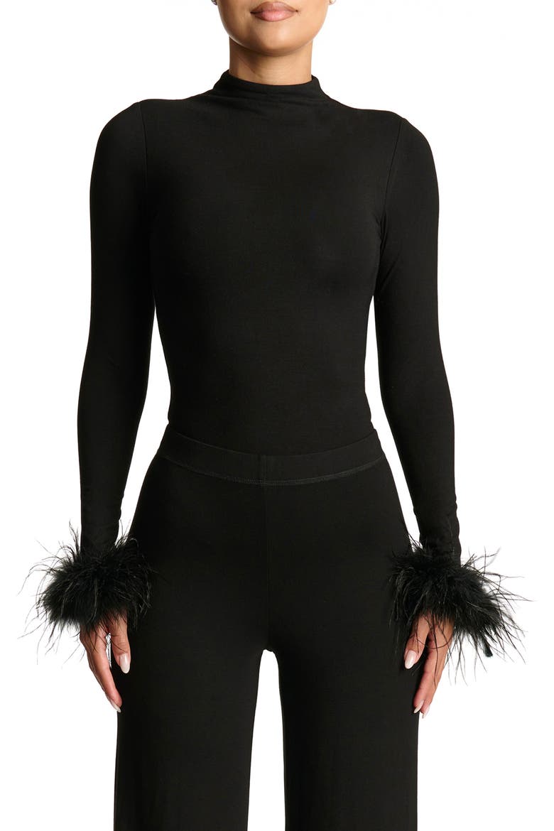 Buttter Fine Feathers Long Sleeve Bodysuit, Main, color, BLACK