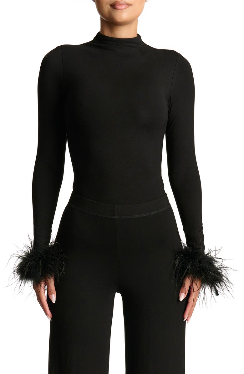 Naked Wardrobe Buttter Fine Feathers Long Sleeve Bodysuit, Main, color, 