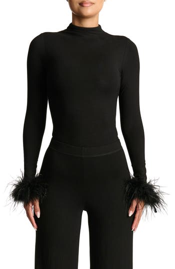 Naked Wardrobe Buttter Fine Feathers Long Sleeve Bodysuit In Black