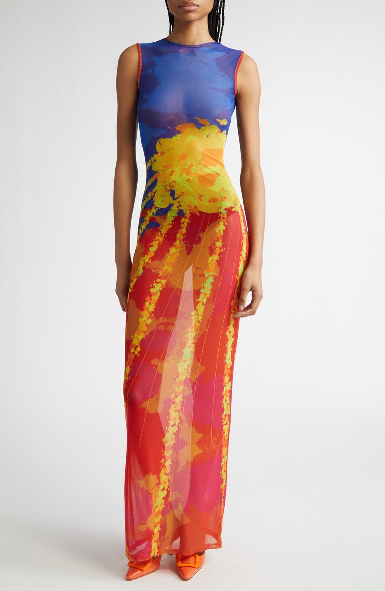 HOUSE OF AAMA Open Back Mesh Maxi Dress, Main, color, 