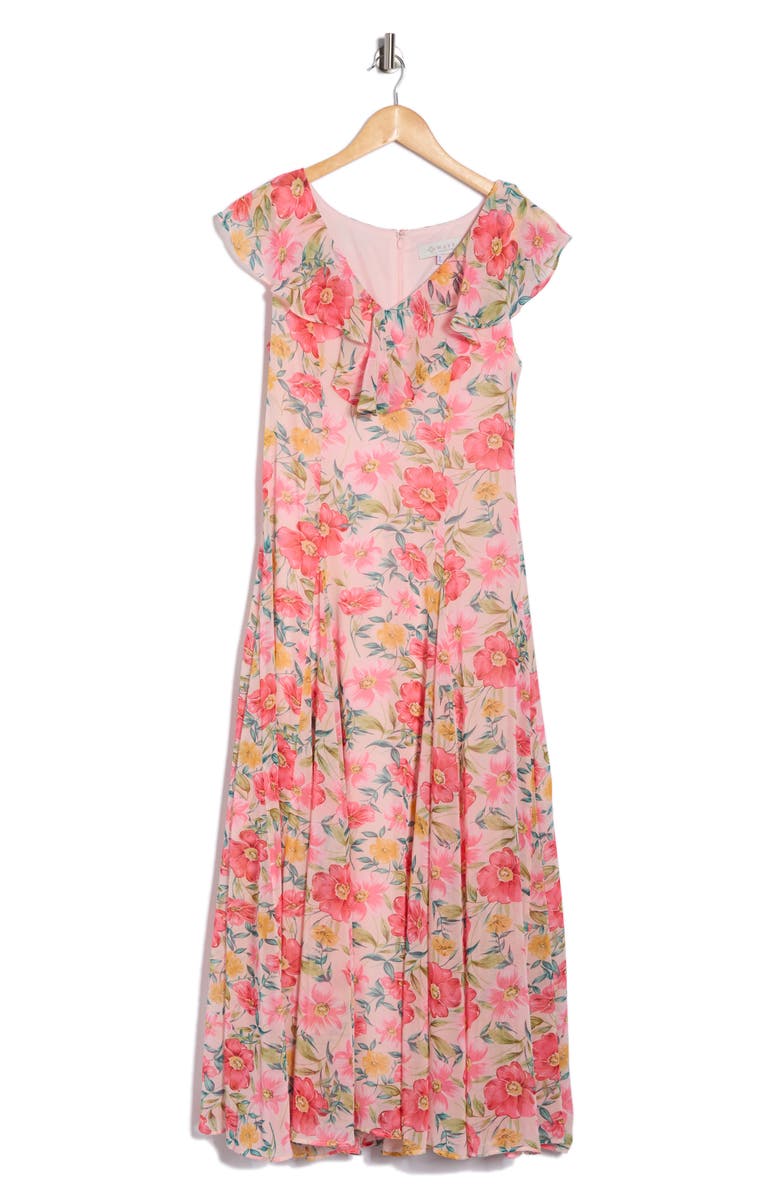 WAYF Ruffle Godet Midi Dress, Alternate, color, Pink/ Red Poppies