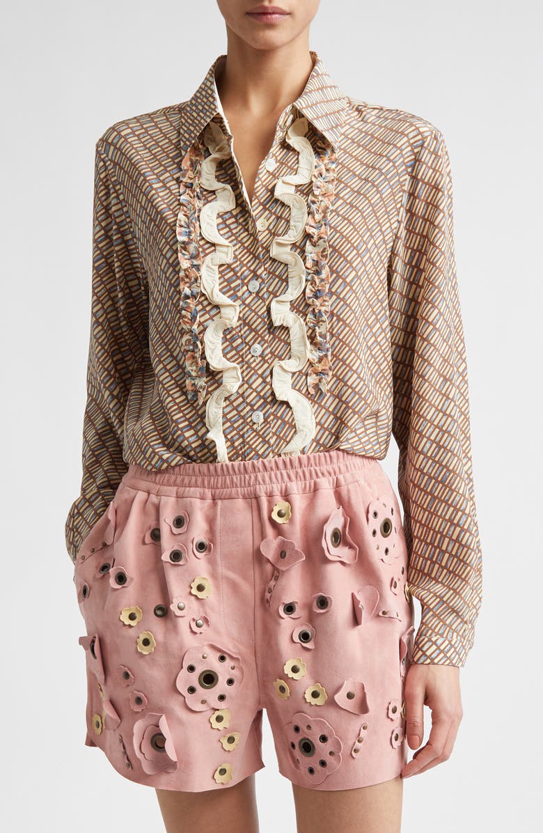 Marni Ruffle Appliqué Silk Crêpe de Chine Button-Up Shirt, Main, color, Brown/ Antique White