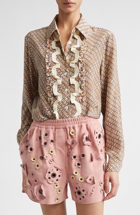 Ruffle Appliqué Silk Crêpe de Chine Button-Up Shirt