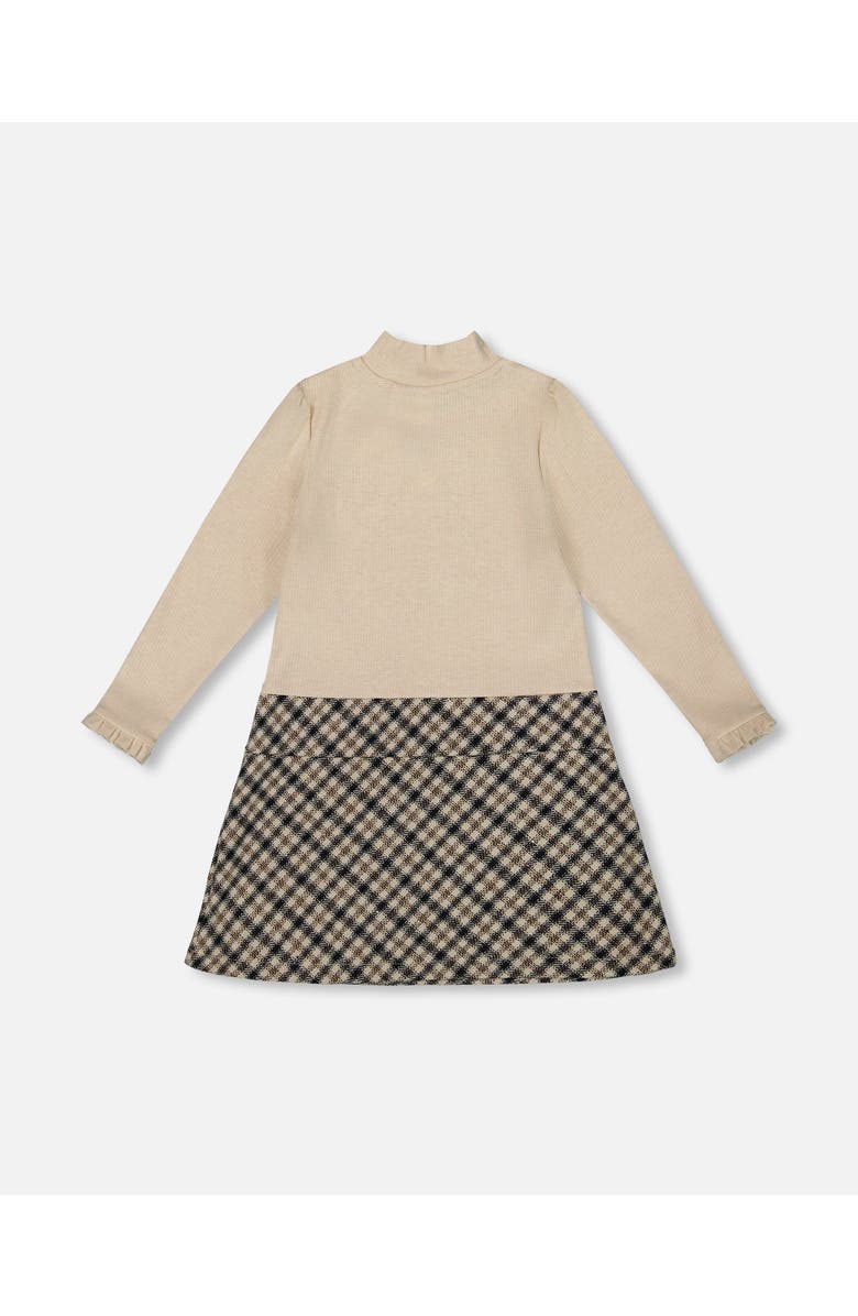 Deux par Deux Long Sleeve Bi-Material Mock Neck Dress and Plaid, Alternate, color, Beige