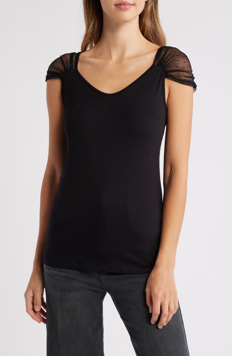 Loveappella Mesh Dot Top, Main, color, Black