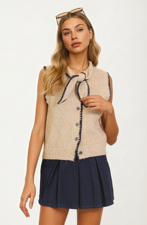 Sleeveless Contrast Trim Knit Vest with Bow Detail