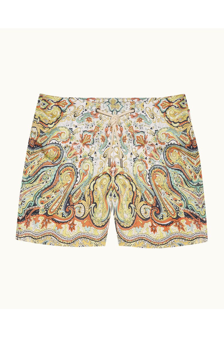 Bulldog Drawcord Mid-Length Classic Fit Drawcord Swim Shorts with Fairground Print, Alternate, color, MULTI/VERMILLION