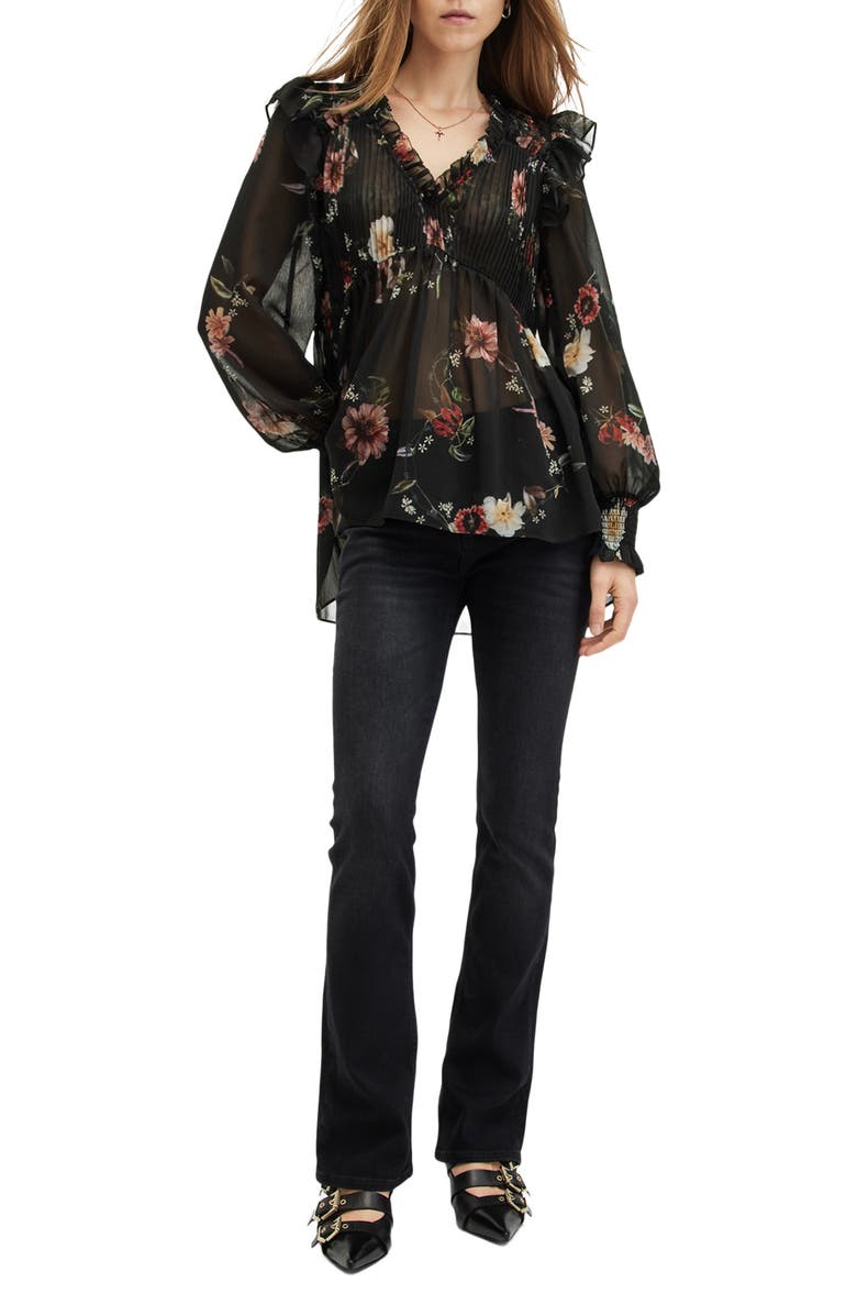 AllSaints Iryna Floral Print Pleated Top, Alternate, color, Unity Black