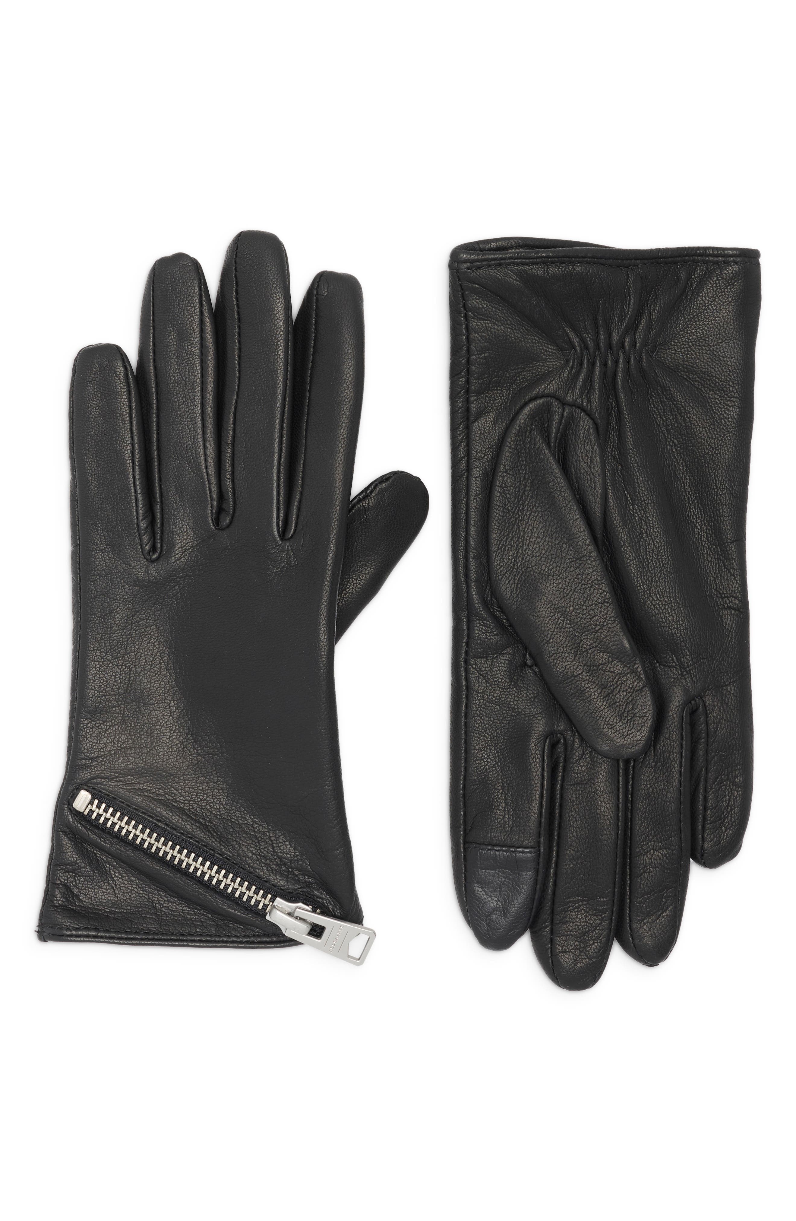 AllSaints Asymmetrical Zip Leather Gloves