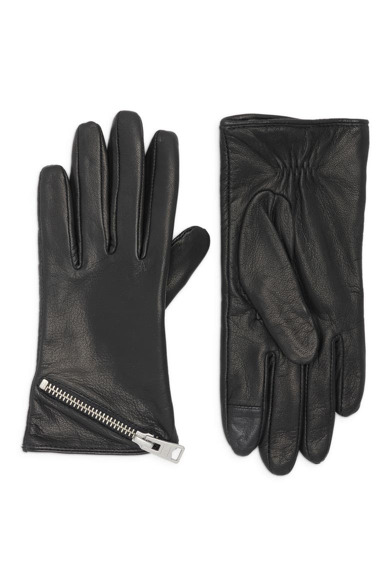Asymmetrical Zip Leather Gloves, Main, color, BLACK