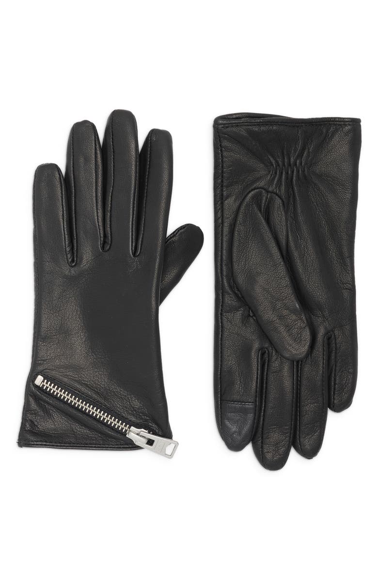 AllSaints Asymmetrical Zip Leather Gloves, Main, color, Black
