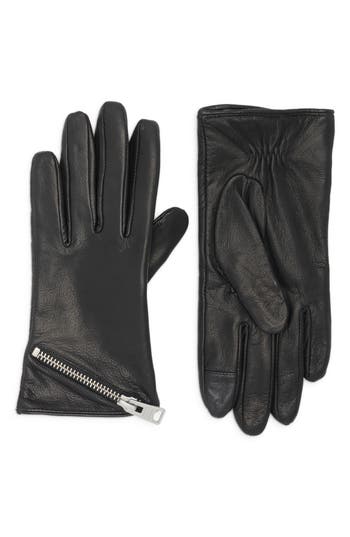 Allsaints Asymmetrical Zip Leather Gloves In Black