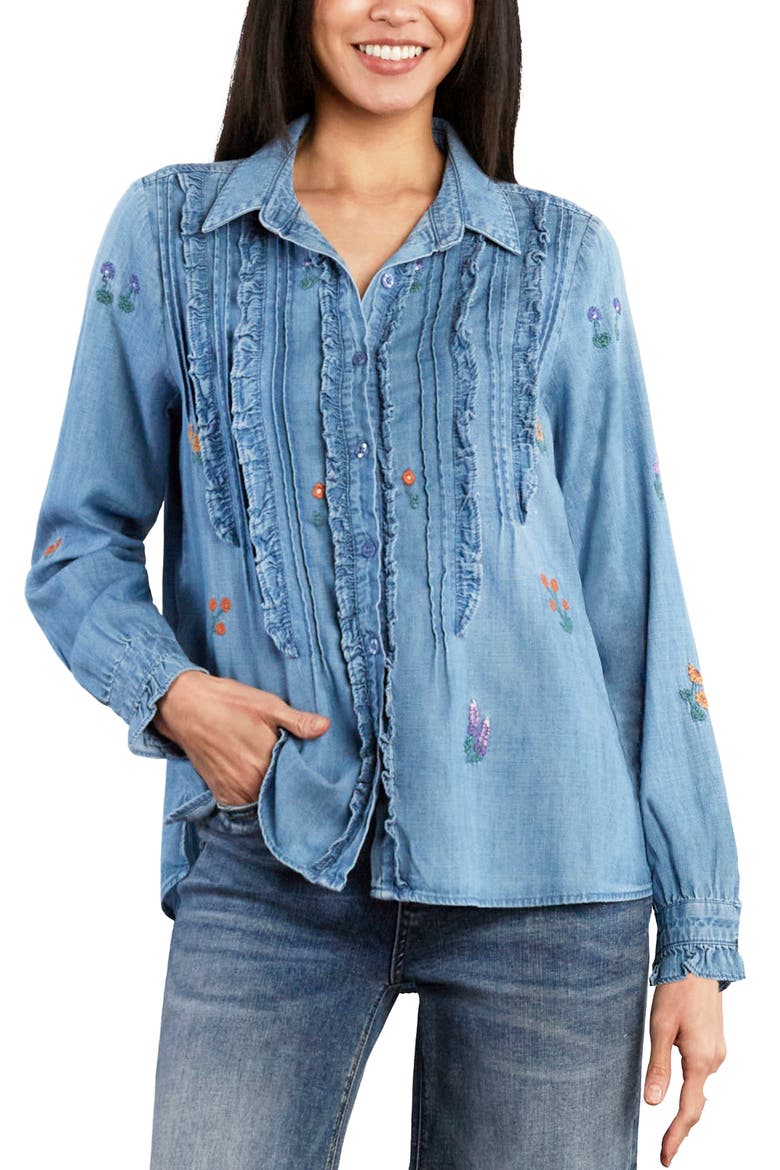 Garden Embroidered Ruffle Pintuck Shirt, Main, color, WASHED BLUE
