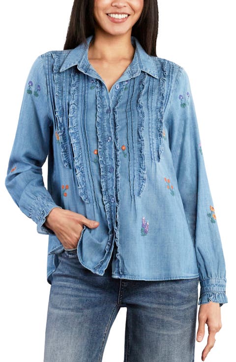Garden Embroidered Ruffle Pintuck Shirt