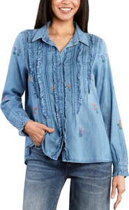 Billy T Garden Embroidered Ruffle Pintuck Shirt