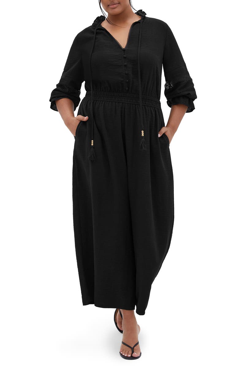 City Chic Faye Tie Neck Wide Leg Jumpsuit, Main, color, Black