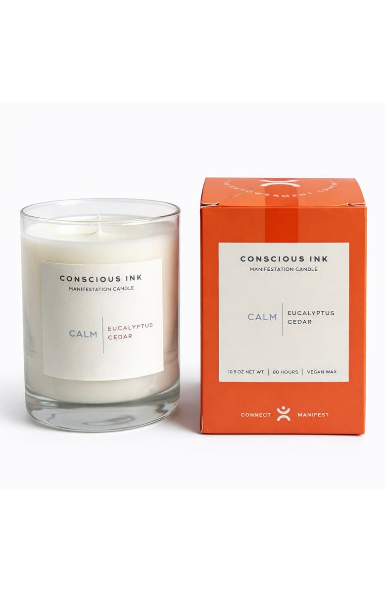Conscious Ink Calm Eucalyptus + Cedar Manifestation Candle + Ink, Main, color, White