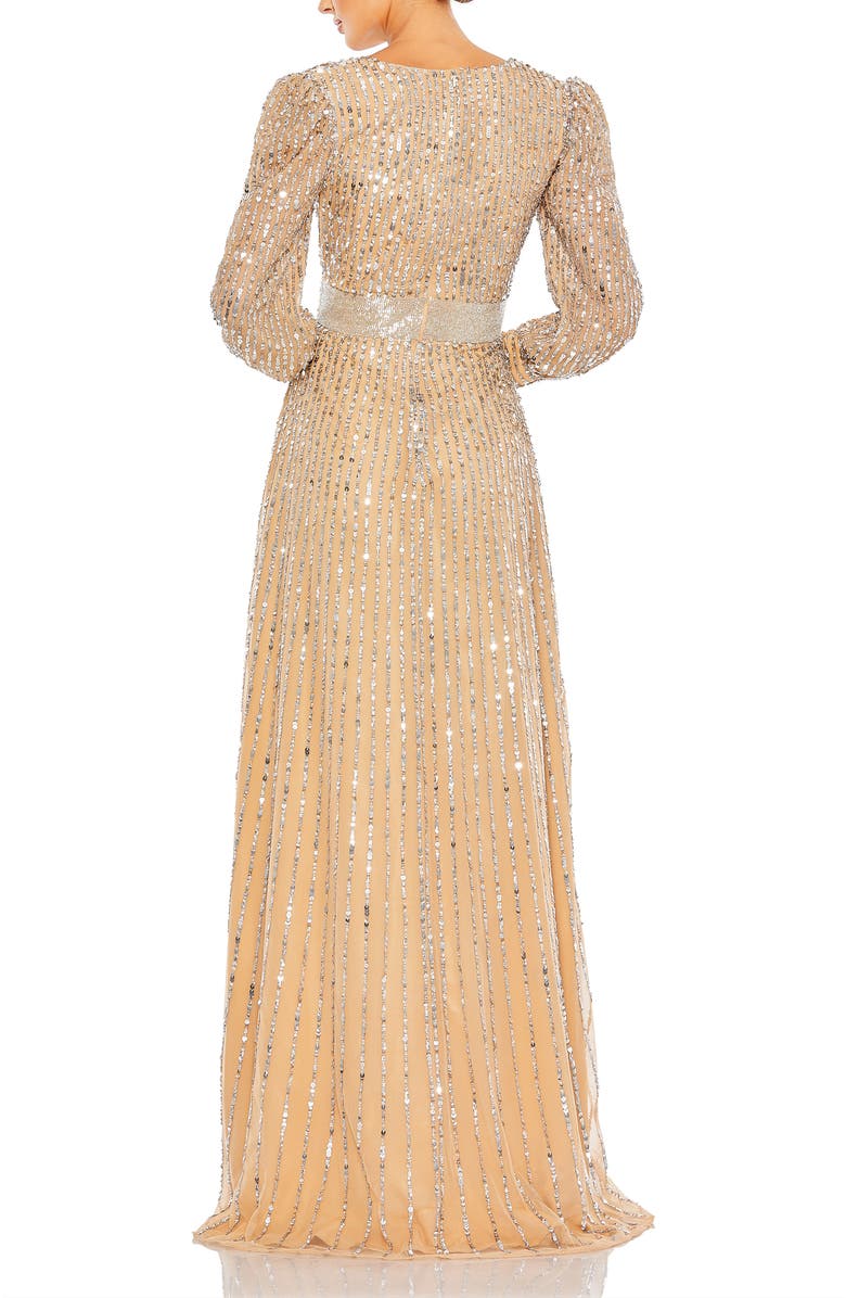 Mac Duggal Sequined Wrap Over Bishop Sleeve Gown, Alternate, color, Vanilla Silver