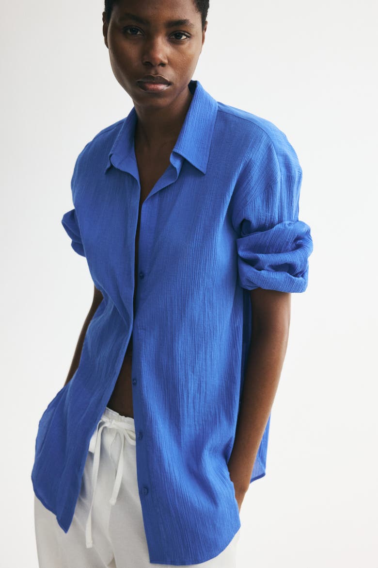 Crinkled Cotton Shirt, Alternate, color, Bright blue