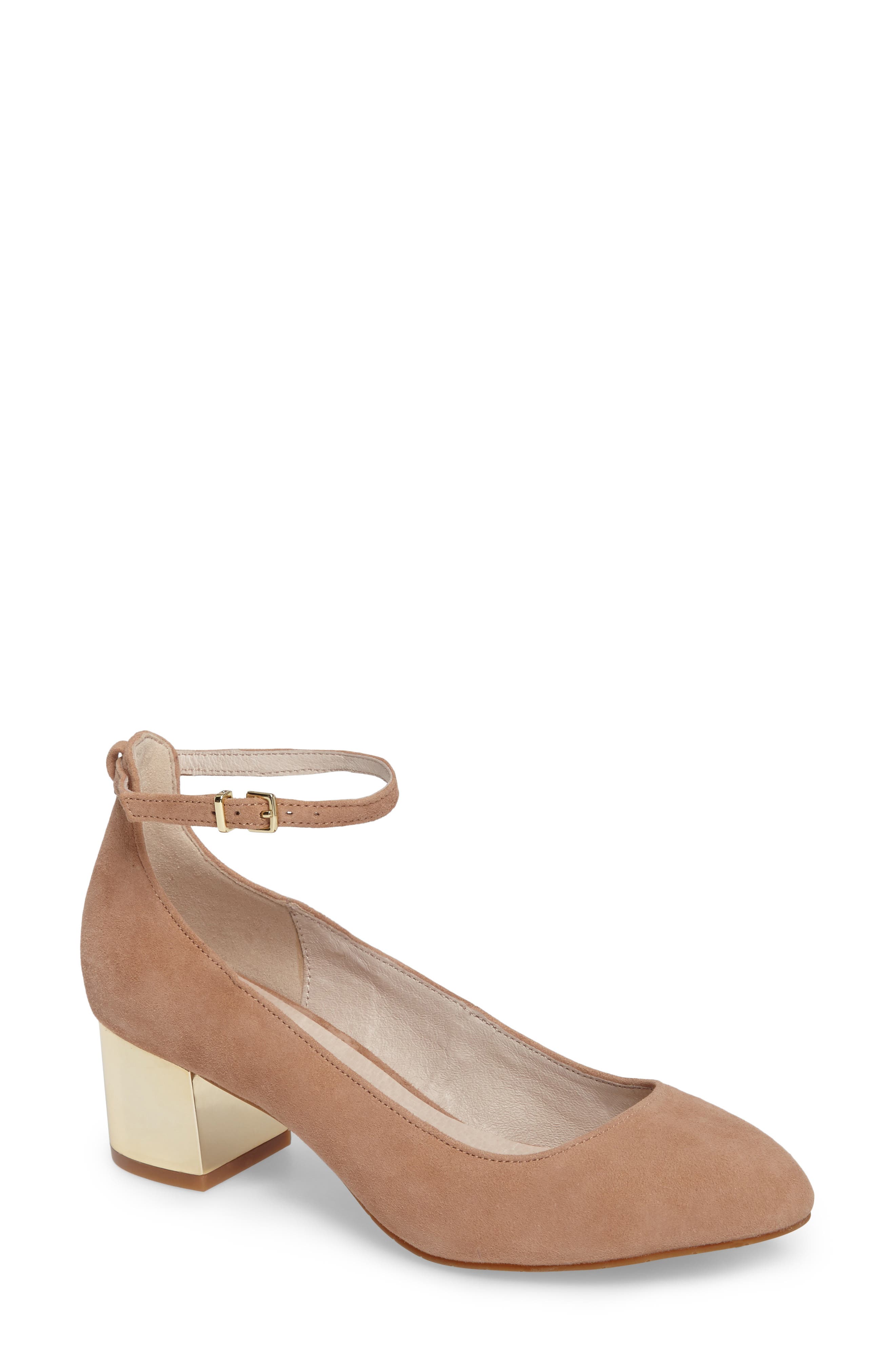 Thalia Studded Ankle Strap Pump, Main, color, BUFF/ GOLD SUEDE