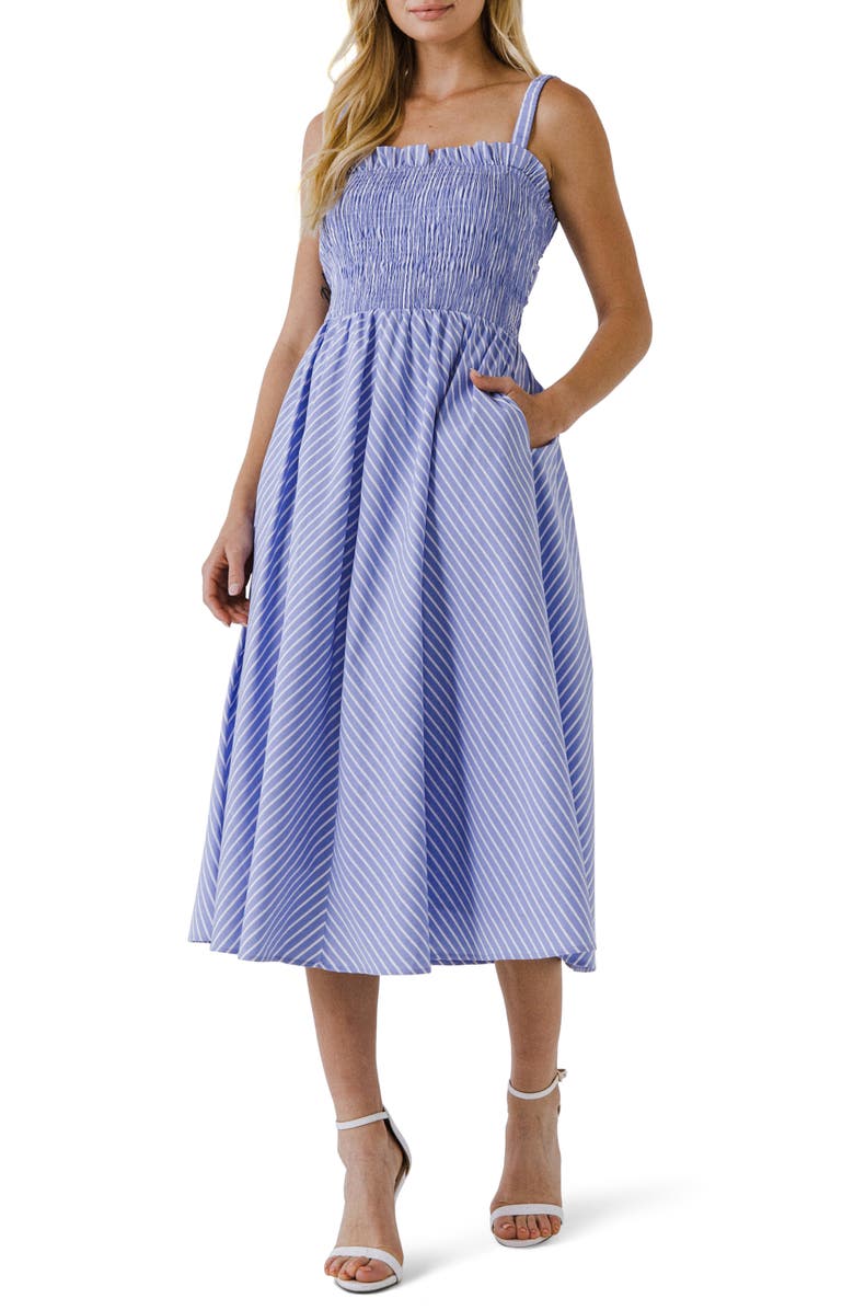 English Factory Sleeveless Stripe Midi Dress, Main, color, Powder Blue