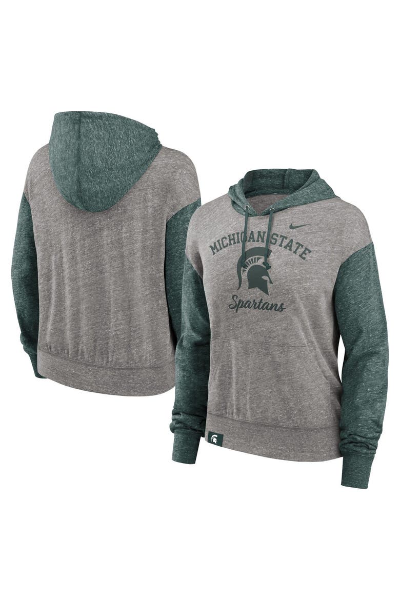 Women's Nike Heather Gray/Green Michigan State Spartans Blitz Color Block Legacy Pullover Hoodie, Main, color, Heather Gray