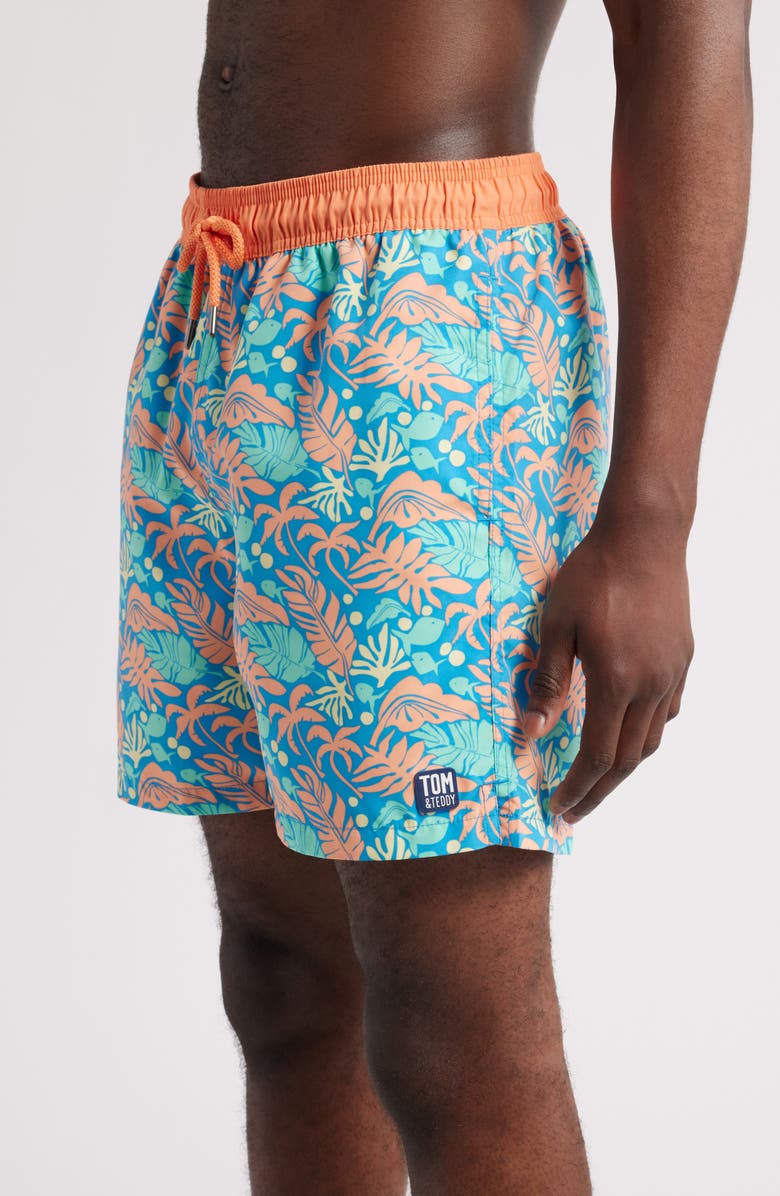 Tom & Teddy Tropical Print Swim Trunks, Alternate, color, Blue Orange