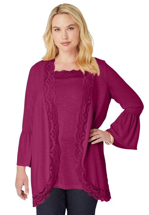 Lace-Detailed Cardigan and Tank Set (Plus)