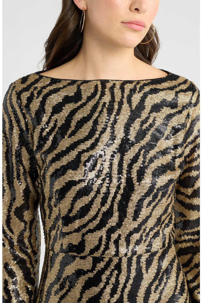 Zebra Sequin Long Sleeve Minidress, Alternate, color, BLACK- GOLD
