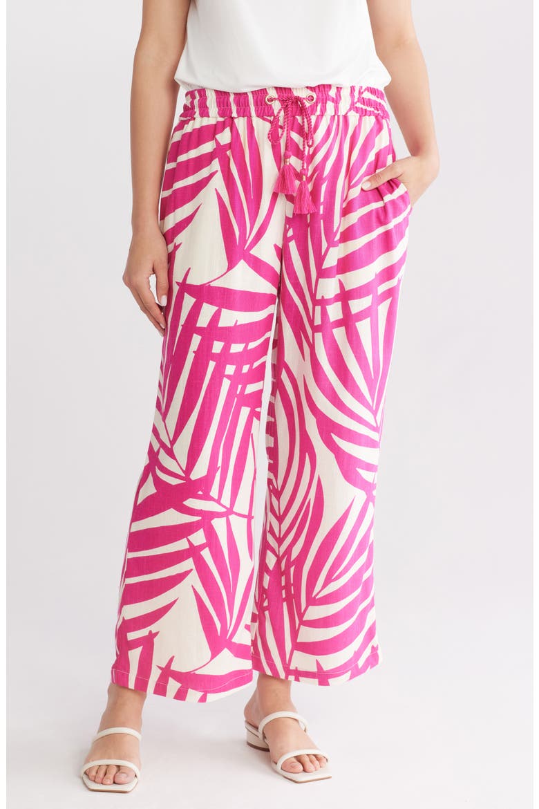 Palm Print Pull-On Pants, Main, color, PINK/ WHITE