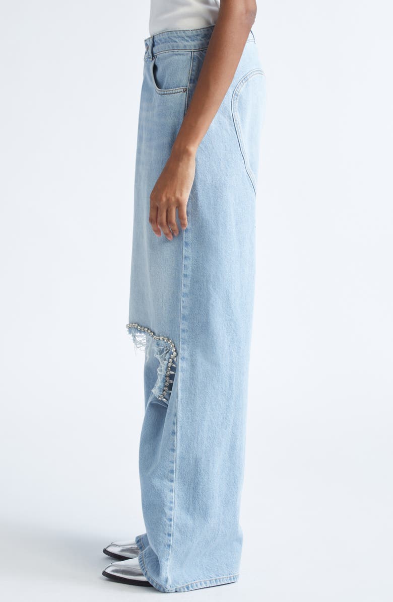 Area Distressed Crystal Trim Relaxed Slit Jeans, Alternate, color, Medium Blue