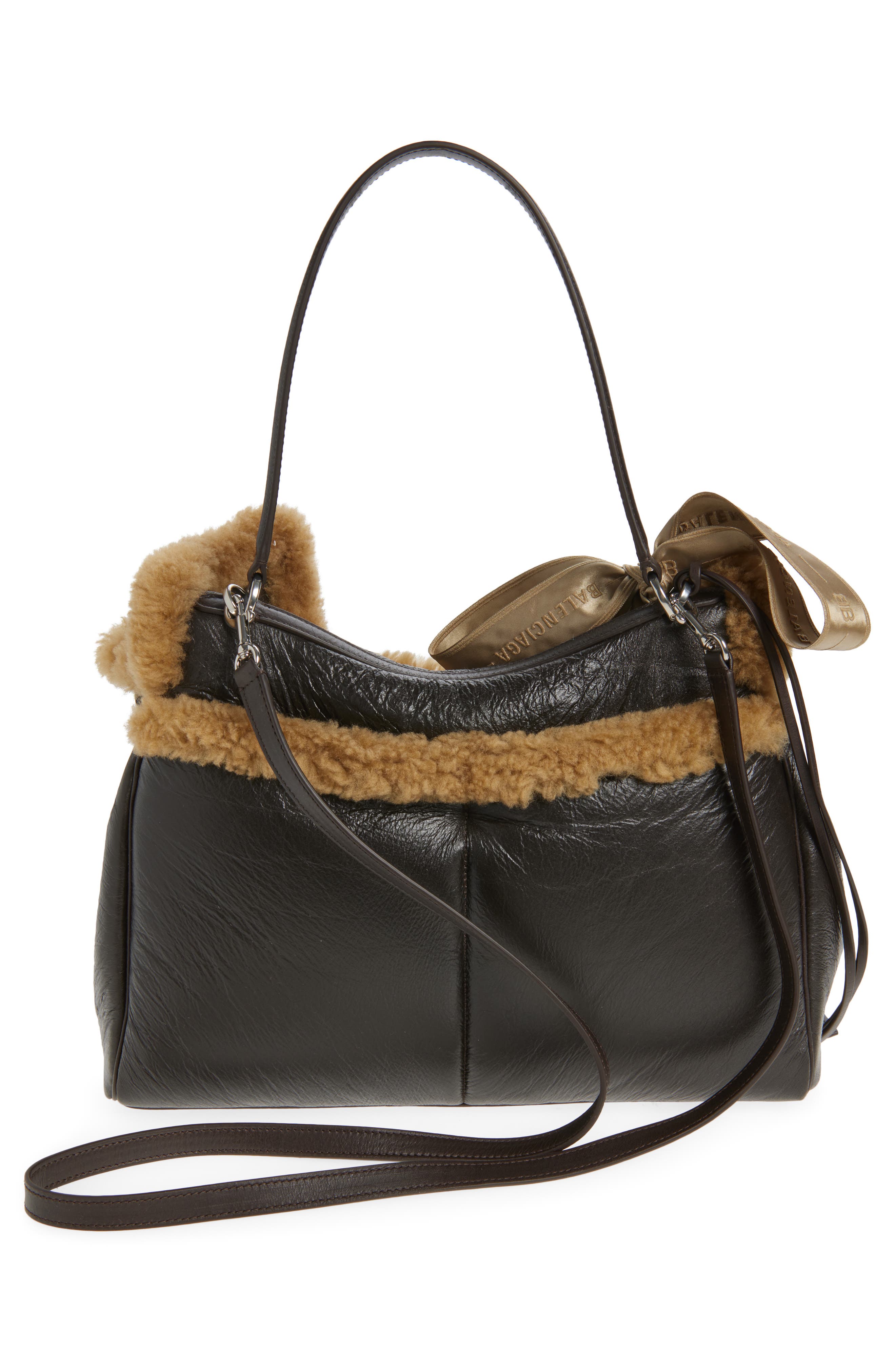 Balenciaga Medium Rodeo Aviator Genuine Shearling Trim Leather Shoulder Bag, Alternate, color, 2164 Brown/ Beige