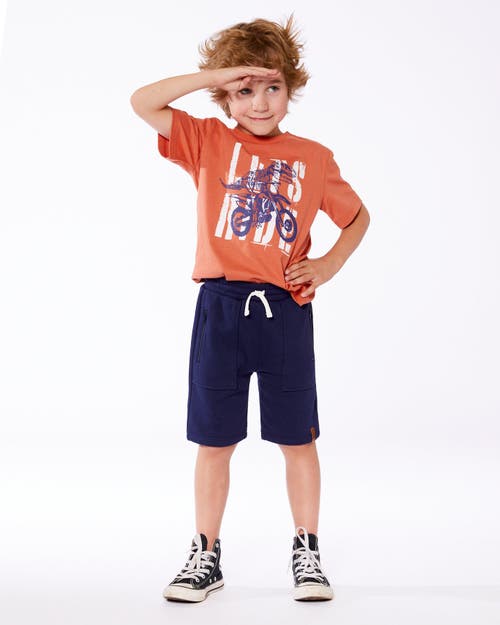 Deux Par Deux Boy's Organic Cotton Graphic Tee Orange And Navy Dino In Orange And Navy Dino