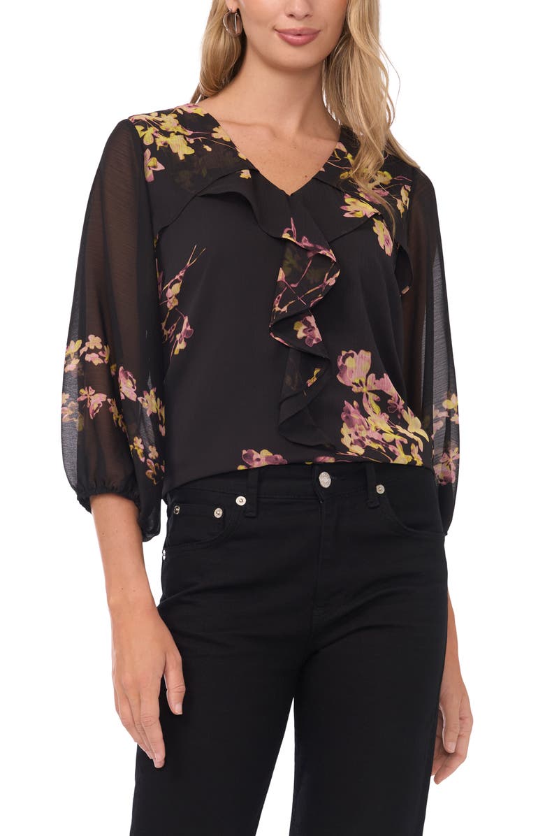 Vince Camuto Placed Floral Ruffle Detail Top, Main, color, Rich Black