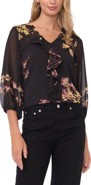 Vince Camuto Placed Floral Ruffle Detail Top
