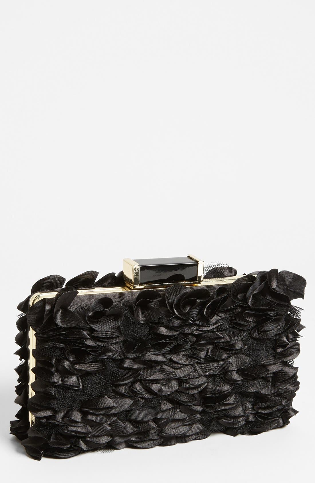 'Evening Rosette' Clutch, Main, color, BLACK