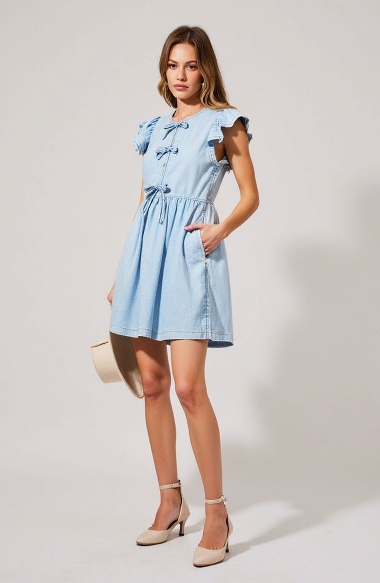 Modenaire Sleeveless Ruffle Denim Mini Dress with Bow-Tie Front, Alternate, color, Blue
